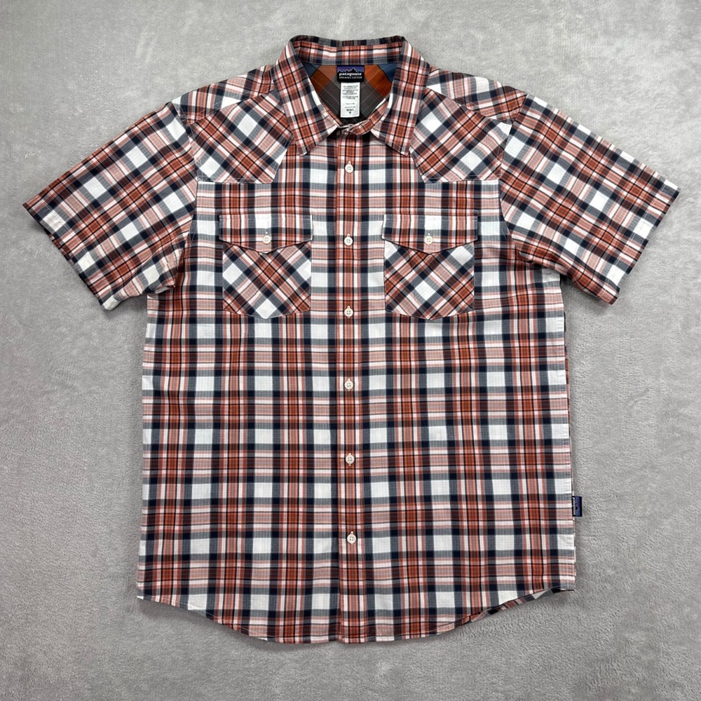 Patagonia Button Down Shirt Men Medium Orange Plaid Western Organic Cotton SS